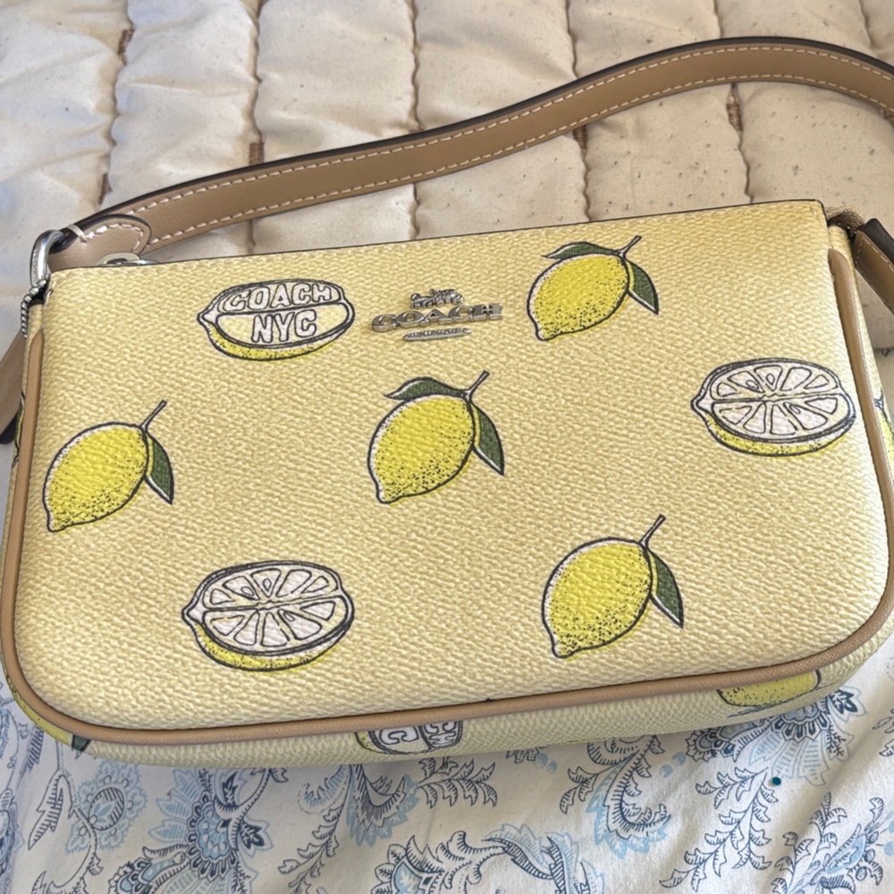 Coach Yellow Lemon Print Leather Nolita 19 Bag with Tan Trim